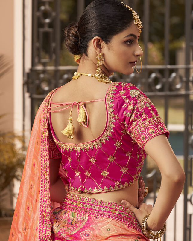Exquisite Rose Gold and Rani Pink Banarasi Silk Handwork Bridal Lehenga Choli Set