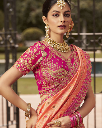 Exquisite Rose Gold and Rani Pink Banarasi Silk Handwork Bridal Lehenga Choli Set