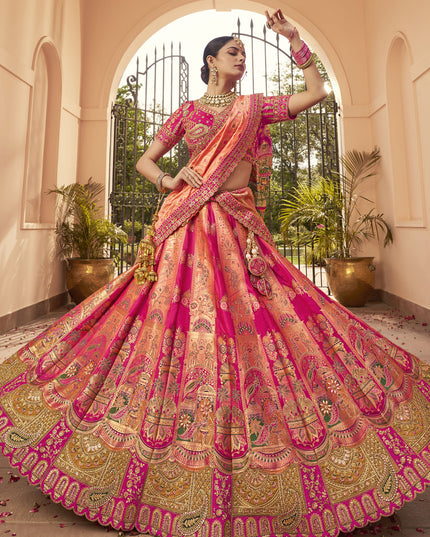 Exquisite Rose Gold and Rani Pink Banarasi Silk Handwork Bridal Lehenga Choli Set