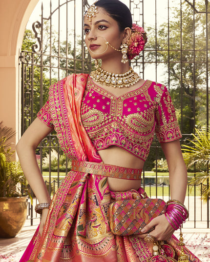 Exquisite Rose Gold and Rani Pink Banarasi Silk Handwork Bridal Lehenga Choli Set
