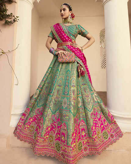 Sophisticated Rama Green Banarasi Silk Handwork Bridal Lehenga Choli Set