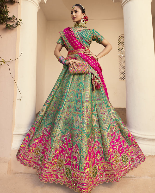 Sophisticated Rama Green Banarasi Silk Handwork Bridal Lehenga Choli Set