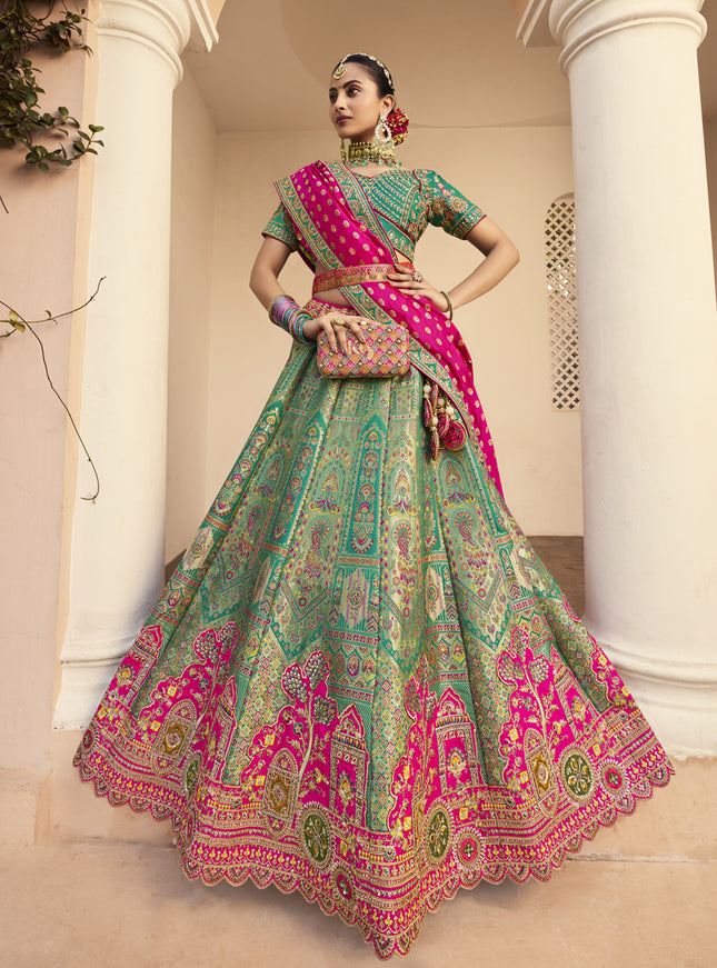 Sophisticated Rama Green Banarasi Silk Handwork Bridal Lehenga Choli Set
