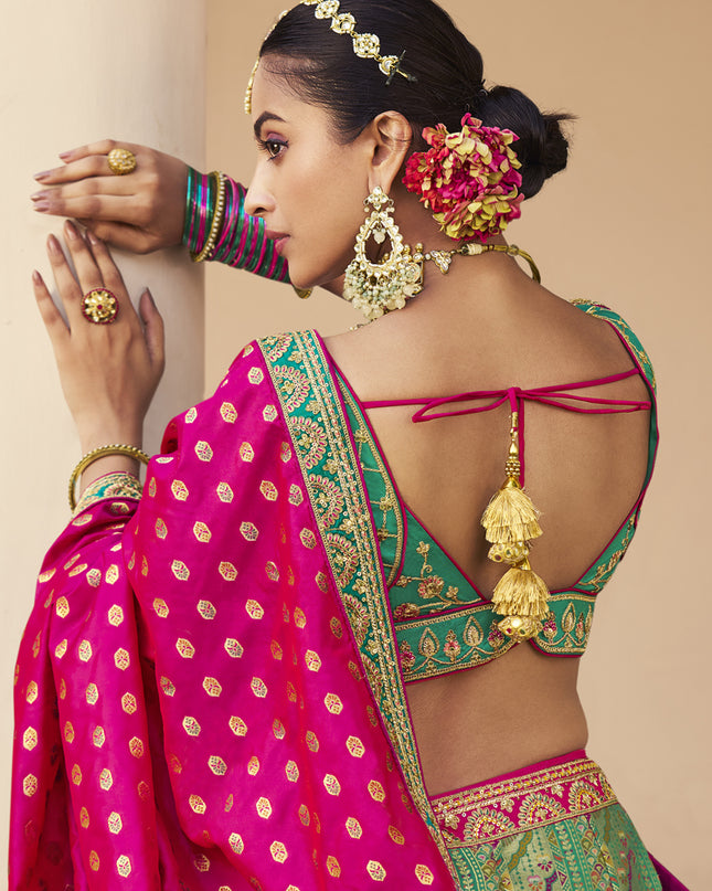 Sophisticated Rama Green Banarasi Silk Handwork Bridal Lehenga Choli Set