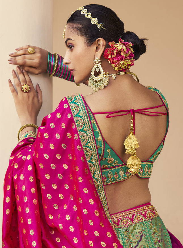 Sophisticated Rama Green Banarasi Silk Handwork Bridal Lehenga Choli Set