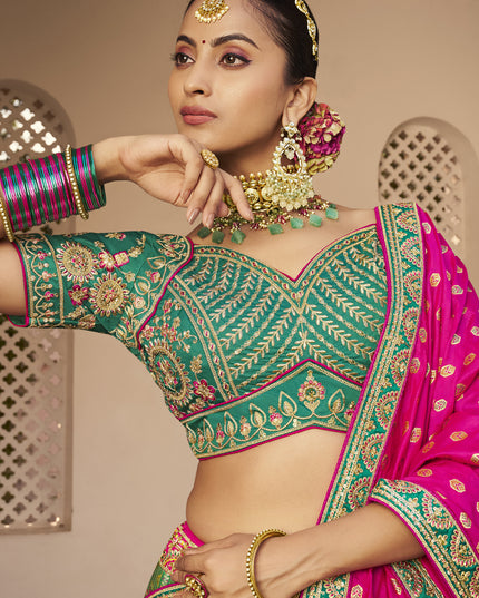 Sophisticated Rama Green Banarasi Silk Handwork Bridal Lehenga Choli Set