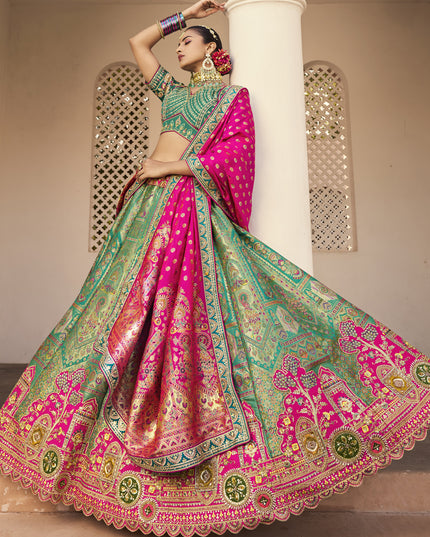 Sophisticated Rama Green Banarasi Silk Handwork Bridal Lehenga Choli Set