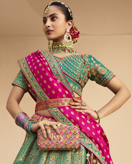 Sophisticated Rama Green Banarasi Silk Handwork Bridal Lehenga Choli Set