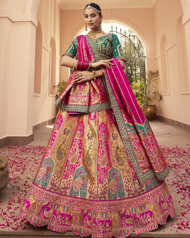 Impeccable Multicolor Banarasi Silk Handwork Bridal Lehenga Choli Set