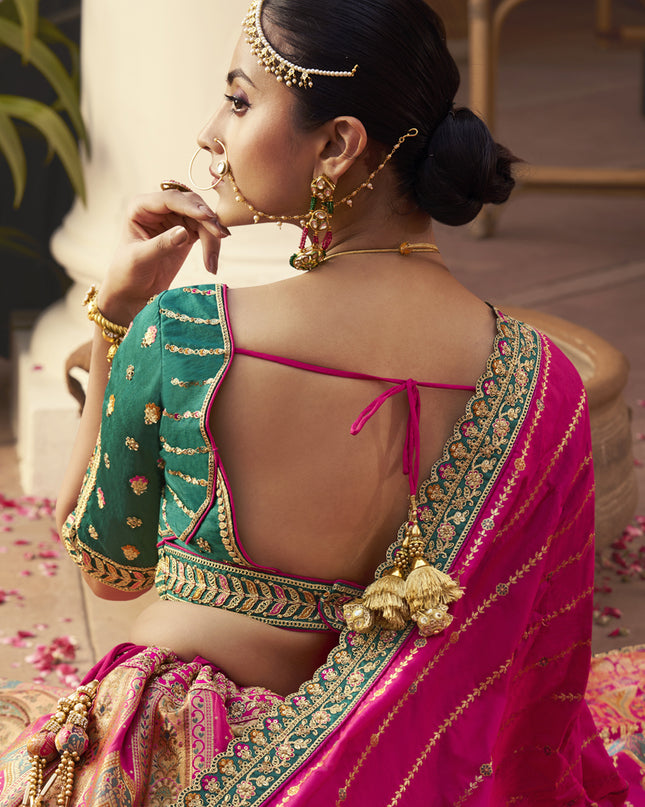 Impeccable Multicolor Banarasi Silk Handwork Bridal Lehenga Choli Set