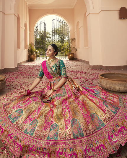 Impeccable Multicolor Banarasi Silk Handwork Bridal Lehenga Choli Set