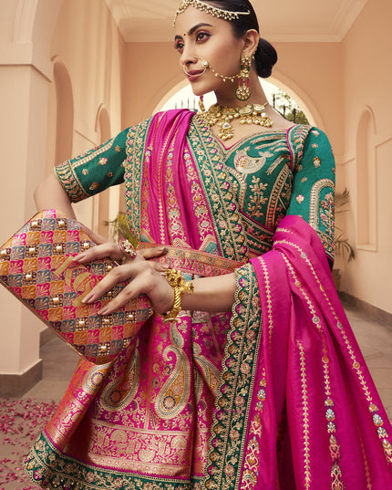 Impeccable Multicolor Banarasi Silk Handwork Bridal Lehenga Choli Set