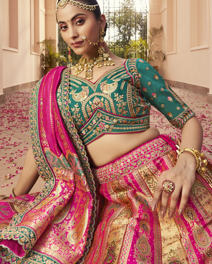 Impeccable Multicolor Banarasi Silk Handwork Bridal Lehenga Choli Set