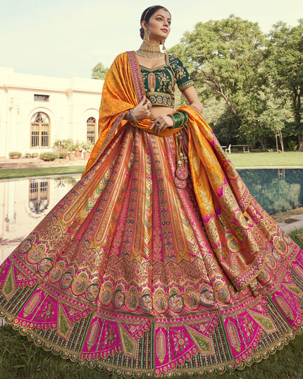 Flawless Multicolor Banarasi Silk Handwork Bridal Lehenga Choli Set