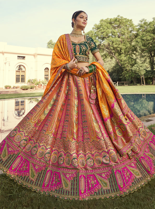 Flawless Multicolor Banarasi Silk Handwork Bridal Lehenga Choli Set