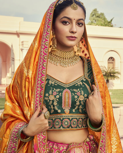 Flawless Multicolor Banarasi Silk Handwork Bridal Lehenga Choli Set