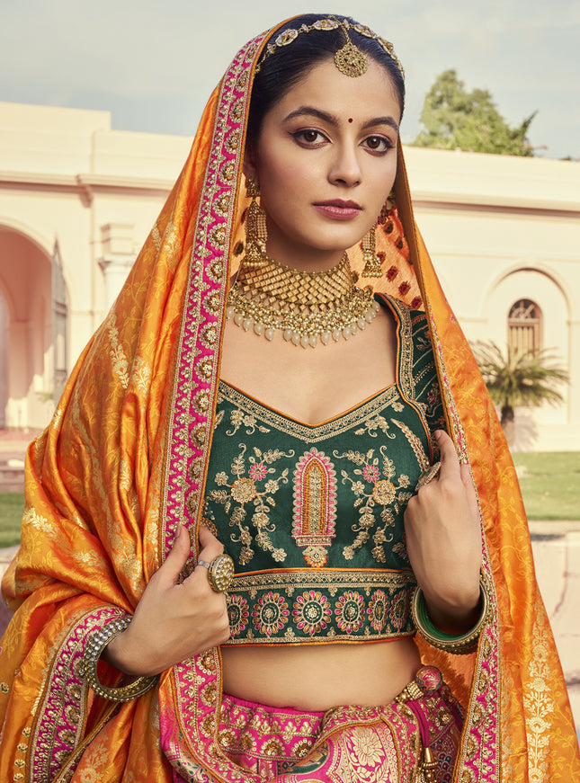 Flawless Multicolor Banarasi Silk Handwork Bridal Lehenga Choli Set