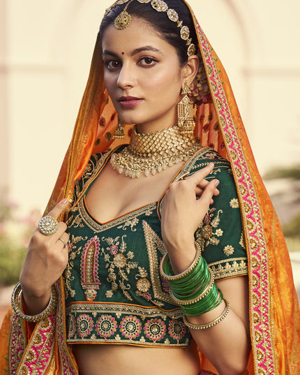 Flawless Multicolor Banarasi Silk Handwork Bridal Lehenga Choli Set