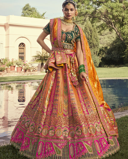 Flawless Multicolor Banarasi Silk Handwork Bridal Lehenga Choli Set