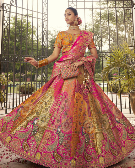 Graceful Multicolor Banarasi Silk Handwork Bridal Lehenga Choli Set
