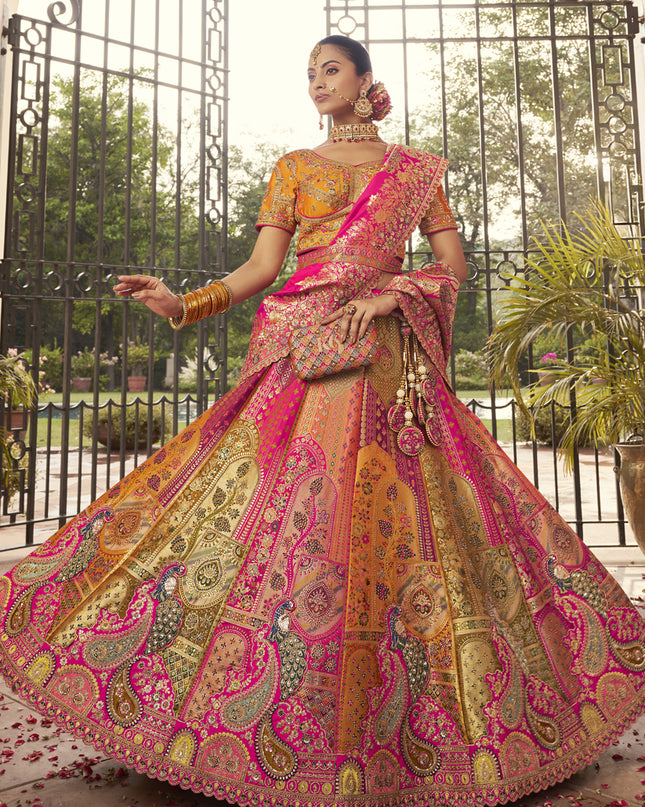 Graceful Multicolor Banarasi Silk Handwork Bridal Lehenga Choli Set