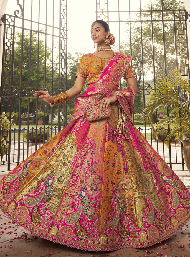 Graceful Multicolor Banarasi Silk Handwork Bridal Lehenga Choli Set