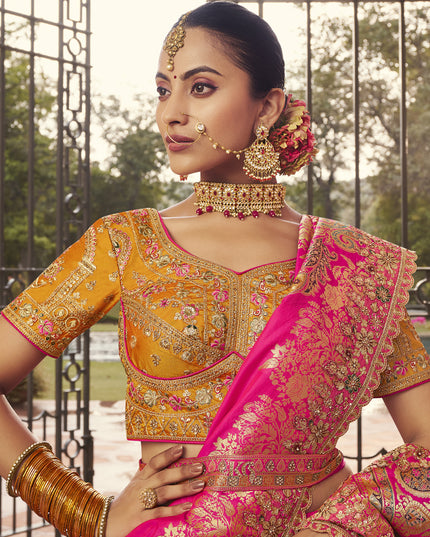 Graceful Multicolor Banarasi Silk Handwork Bridal Lehenga Choli Set