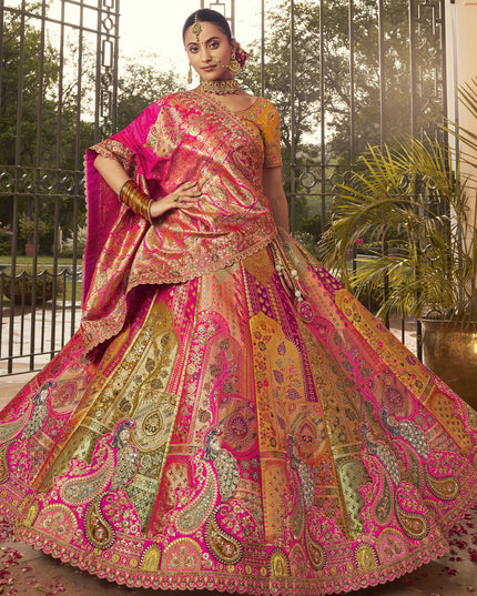 Graceful Multicolor Banarasi Silk Handwork Bridal Lehenga Choli Set