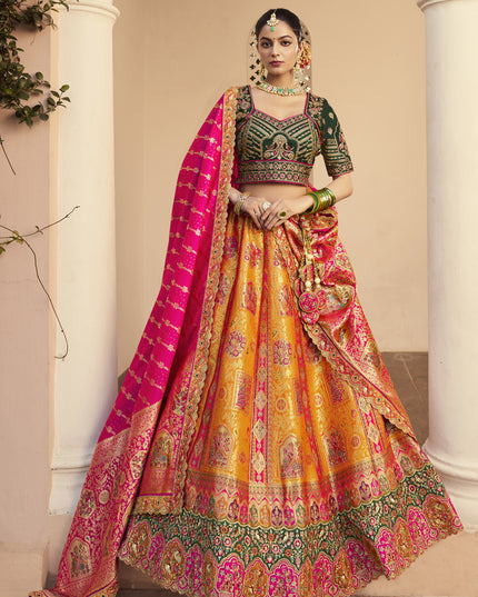 Luxurious Mustard Yellow Banarasi Silk Handwork Bridal Lehenga Choli Set