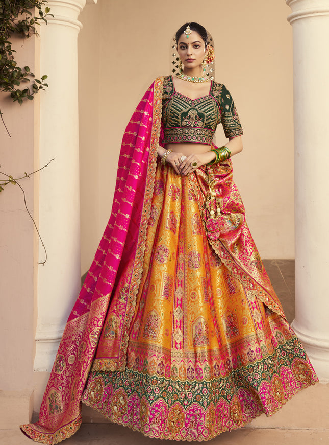 Luxurious Mustard Yellow Banarasi Silk Handwork Bridal Lehenga Choli Set