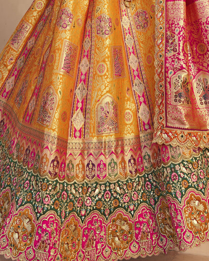 Luxurious Mustard Yellow Banarasi Silk Handwork Bridal Lehenga Choli Set