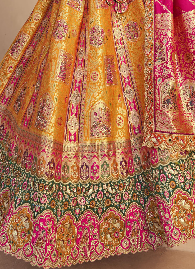 Luxurious Mustard Yellow Banarasi Silk Handwork Bridal Lehenga Choli Set