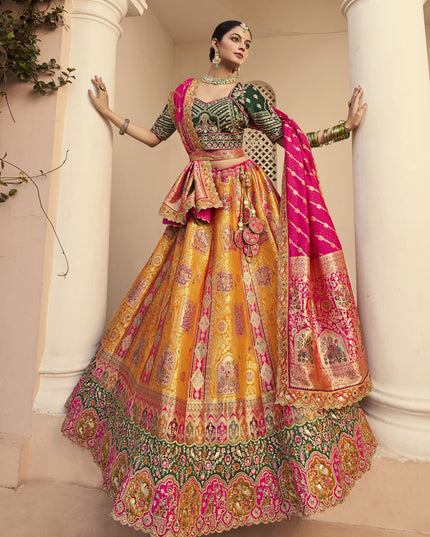 Luxurious Mustard Yellow Banarasi Silk Handwork Bridal Lehenga Choli Set
