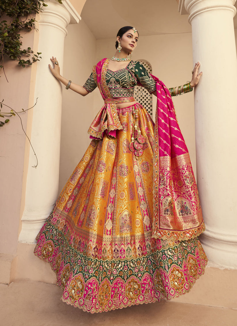 Luxurious Mustard Yellow Banarasi Silk Handwork Bridal Lehenga Choli Set