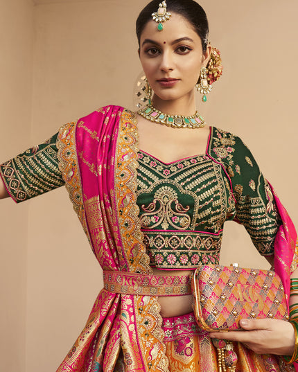 Luxurious Mustard Yellow Banarasi Silk Handwork Bridal Lehenga Choli Set