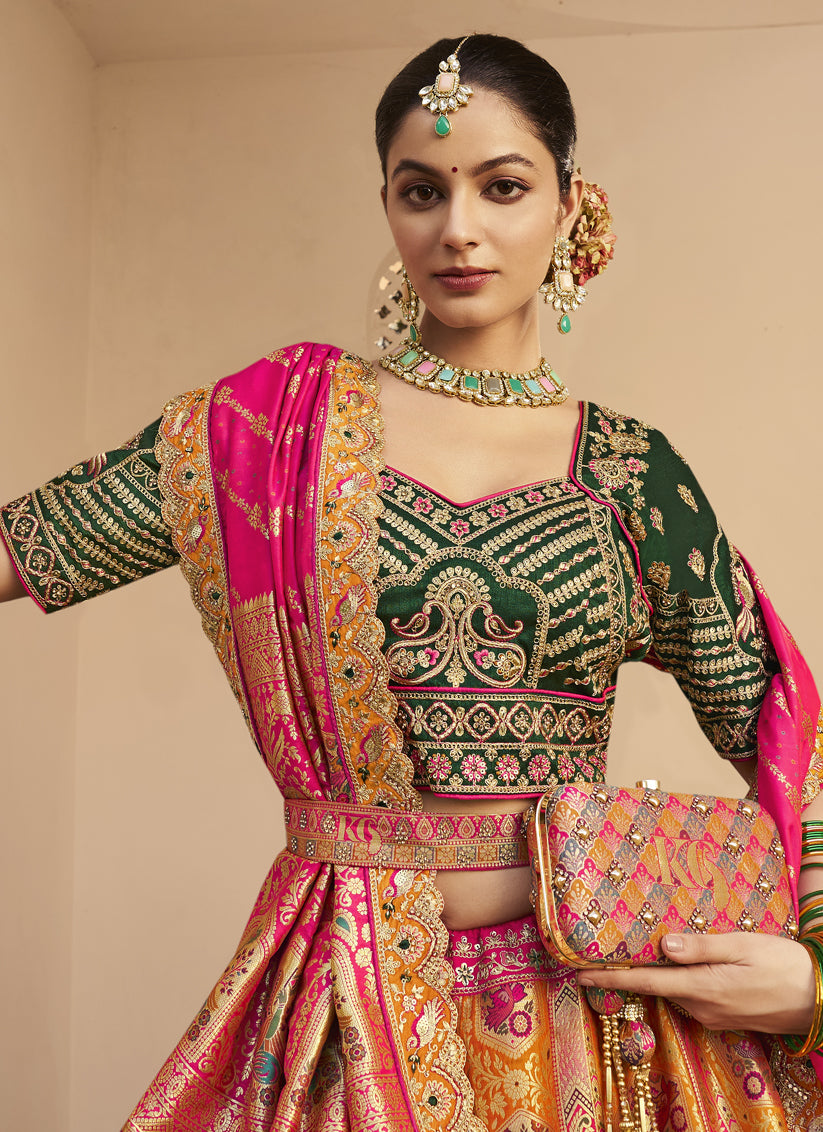 Luxurious Mustard Yellow Banarasi Silk Handwork Bridal Lehenga Choli Set