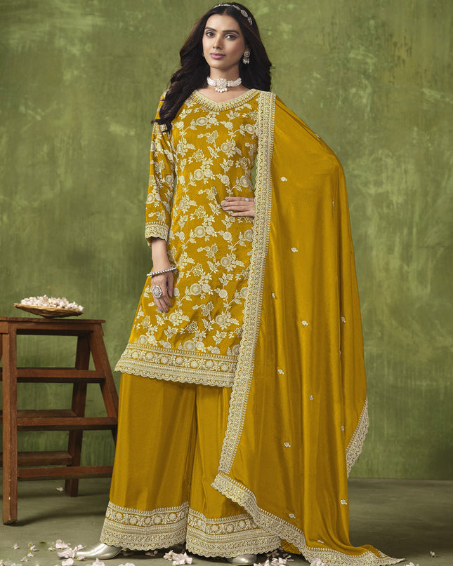 Mustard Dola Silk Jacquard Embroidered Palazzo Kameez