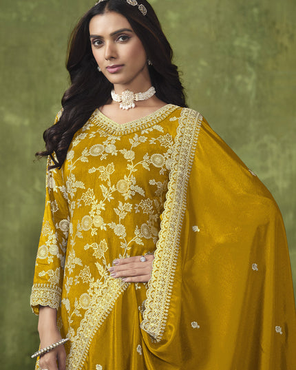 Mustard Dola Silk Jacquard Embroidered Palazzo Kameez