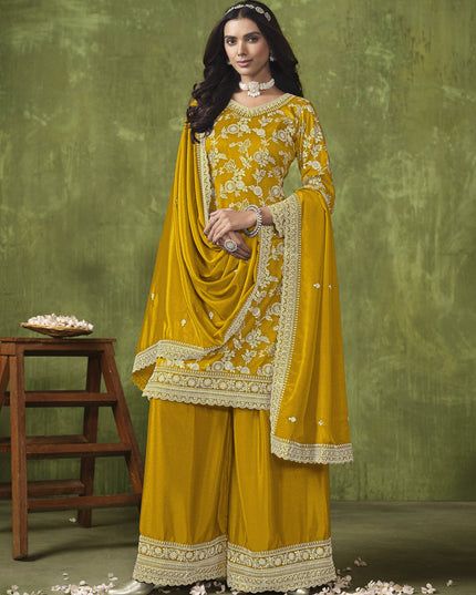 Mustard Dola Silk Jacquard Embroidered Palazzo Kameez