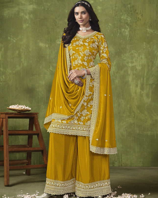 Mustard Dola Silk Jacquard Embroidered Palazzo Kameez