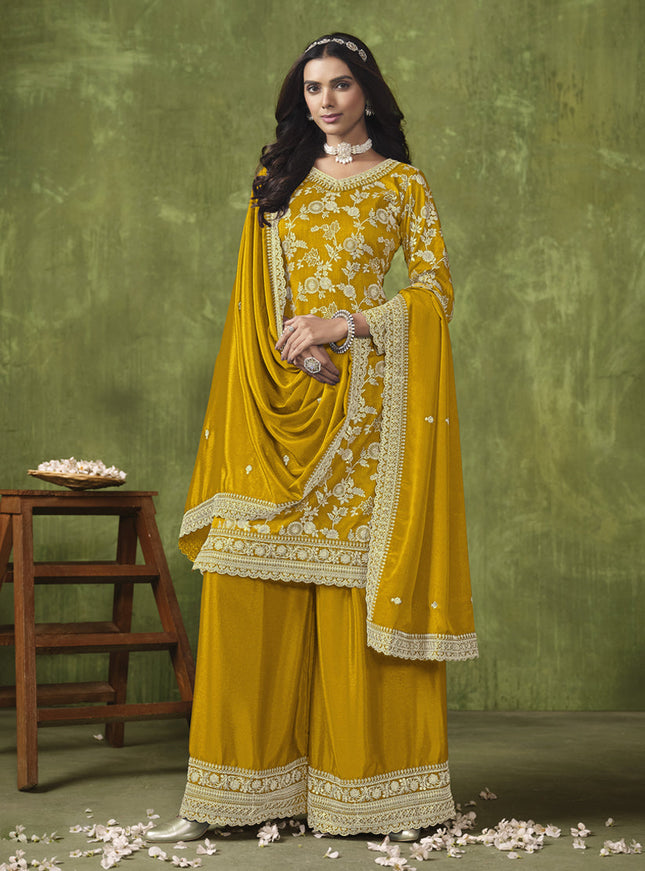 Mustard Dola Silk Jacquard Embroidered Palazzo Kameez