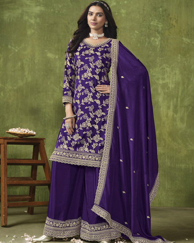 Violet Dola Silk Jacquard Embroidered Palazzo Kameez