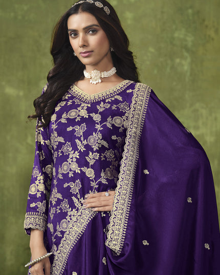 Violet Dola Silk Jacquard Embroidered Palazzo Kameez