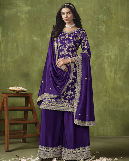 Violet Dola Silk Jacquard Embroidered Palazzo Kameez