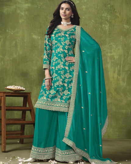 Rama Green Dola Silk Jacquard Embroidered Palazzo Kameez