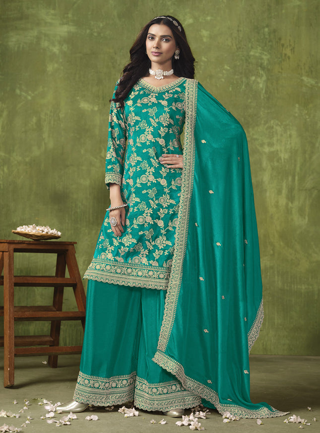 Rama Green Dola Silk Jacquard Embroidered Palazzo Kameez