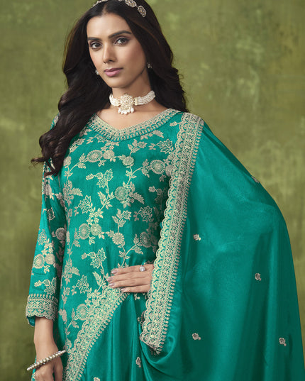 Rama Green Dola Silk Jacquard Embroidered Palazzo Kameez