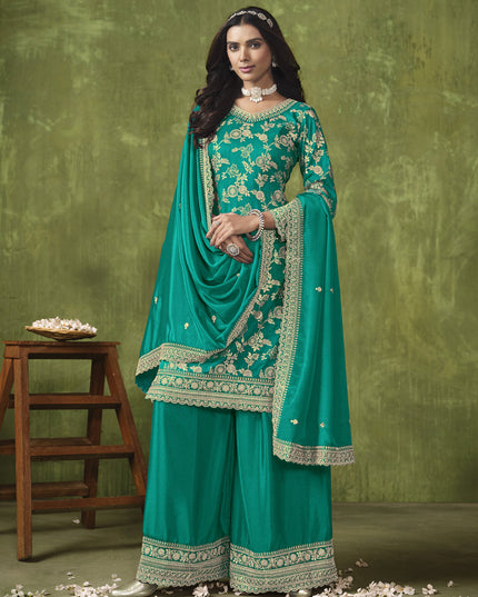 Rama Green Dola Silk Jacquard Embroidered Palazzo Kameez