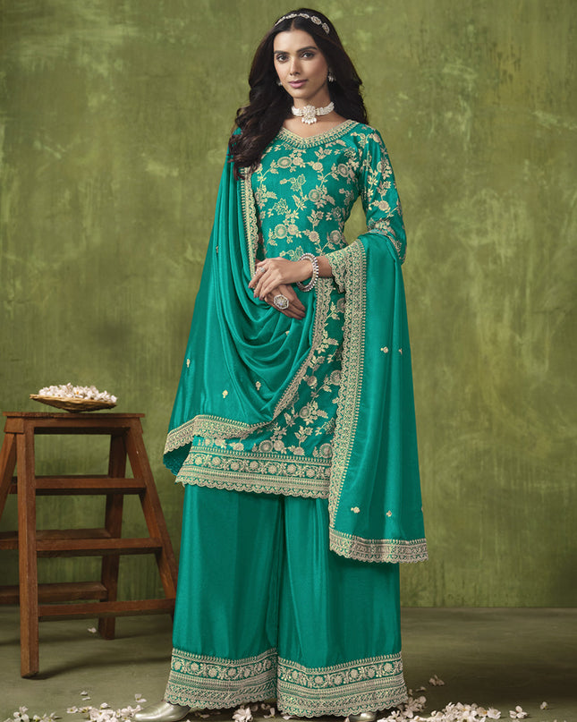 Rama Green Dola Silk Jacquard Embroidered Palazzo Kameez
