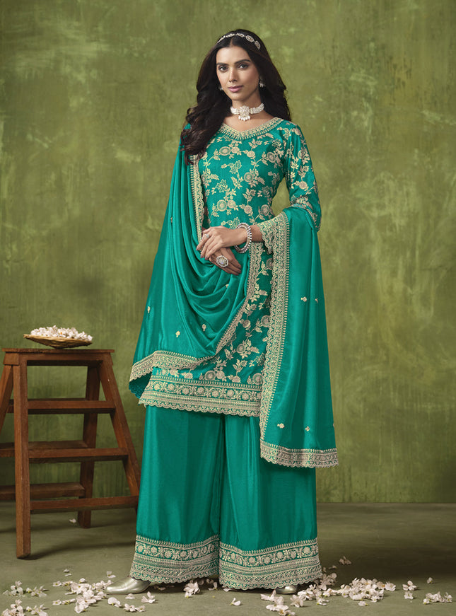 Rama Green Dola Silk Jacquard Embroidered Palazzo Kameez